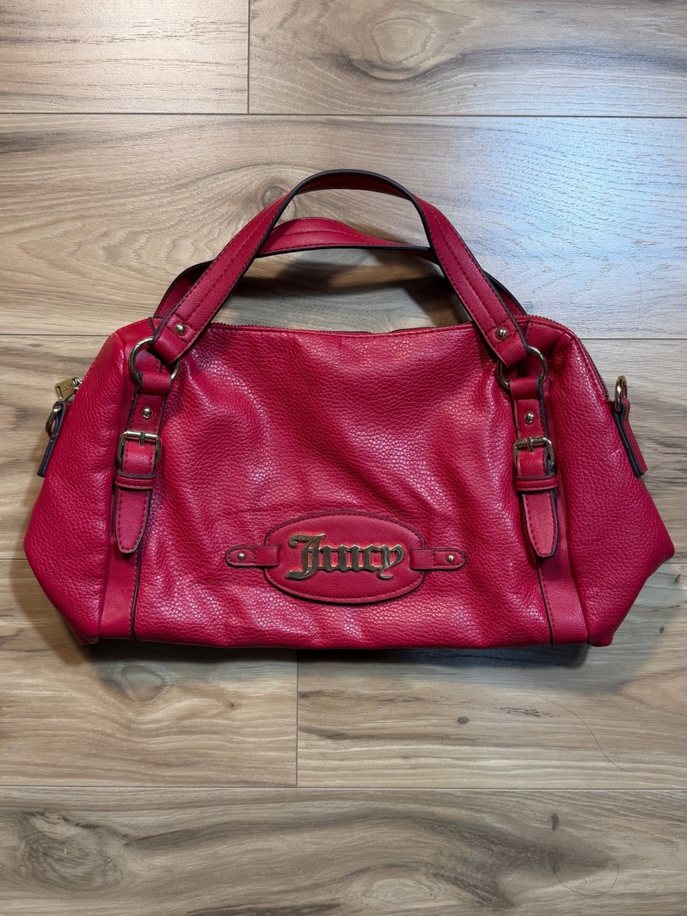 Juicy Couture Pink-Red Pebbled Leather Satchel with Gold Hardware